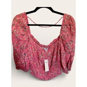 AFRM at Free People Waverly Smocked Crop Top Pink Floral Puff Sleeve S NWT